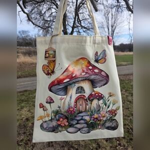 Mooshie Tote + Keychain   Mushroom Cottage Canvas Tote Bag 13x15 NWT